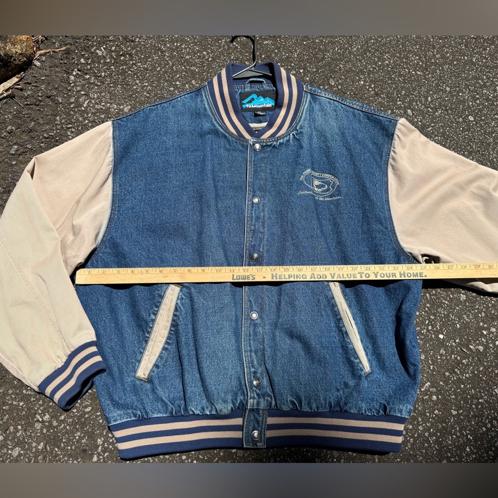 Vintage Blue and Beige Tri-Mountain Denim Varsity Jacket - Size XXL